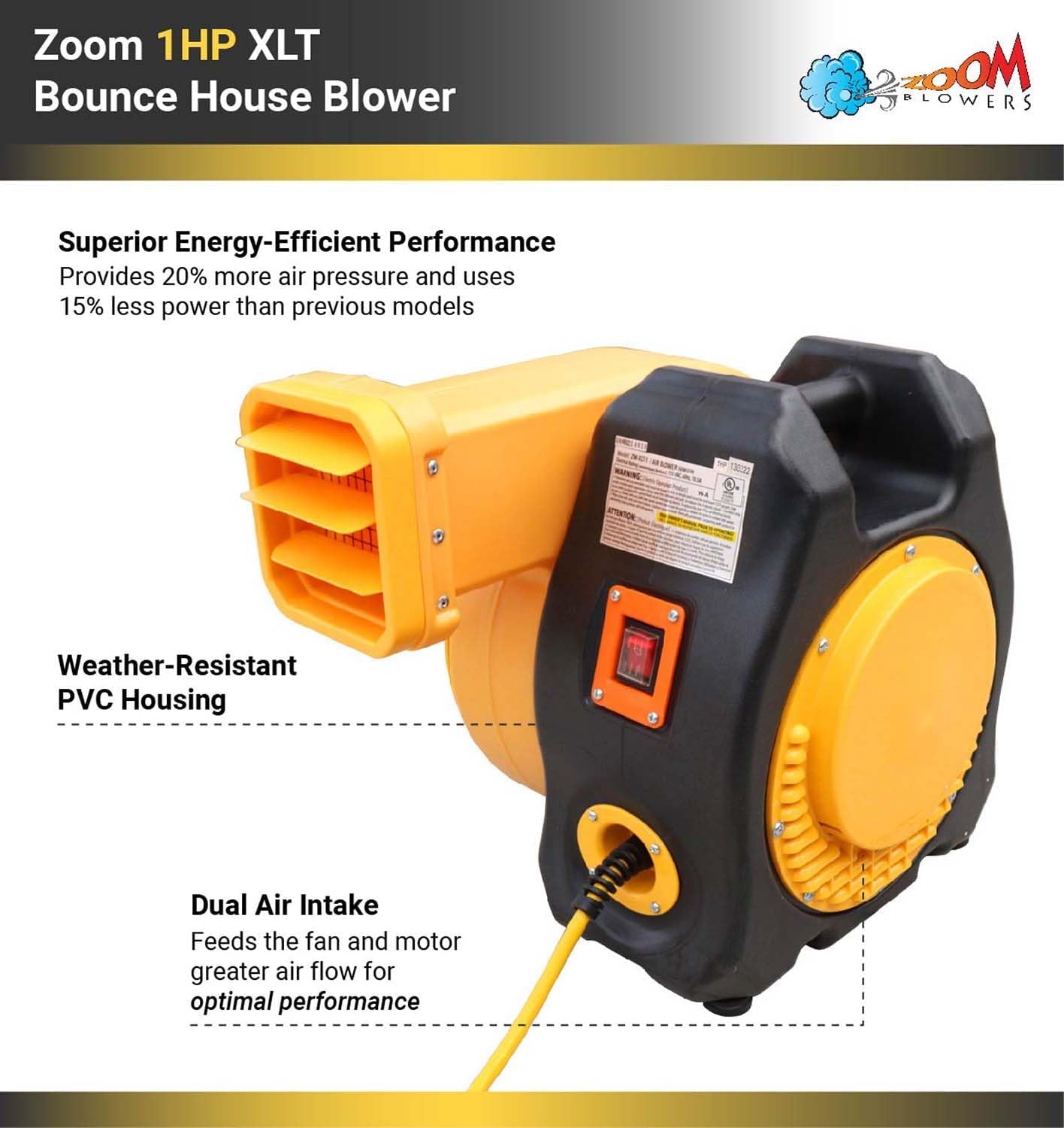 Zoom XLT Inflatable Blower, 1HP 115V, Durable PVC, Energy Efficient, for Bounce Houses & Water Slides