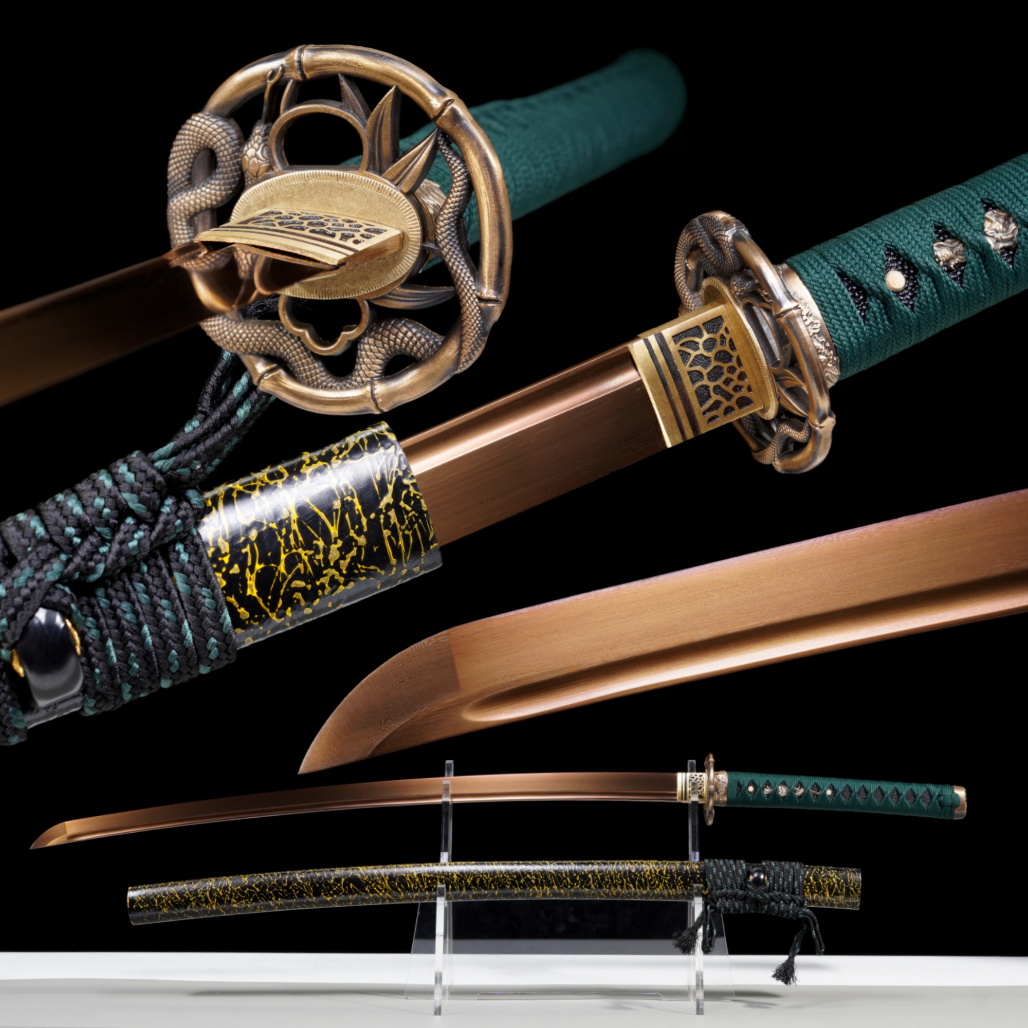 Handmade Katana Damascus Gold Blade Copper Tsuba Jade Shadow Full Tang