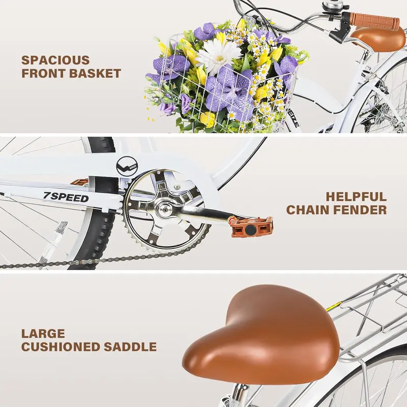 WEIZE 26″ Beach Cruiser Bike – 7-Speed Commuter Bicycle with Fenders, Rear Rack, Ergonomic Upright Posture