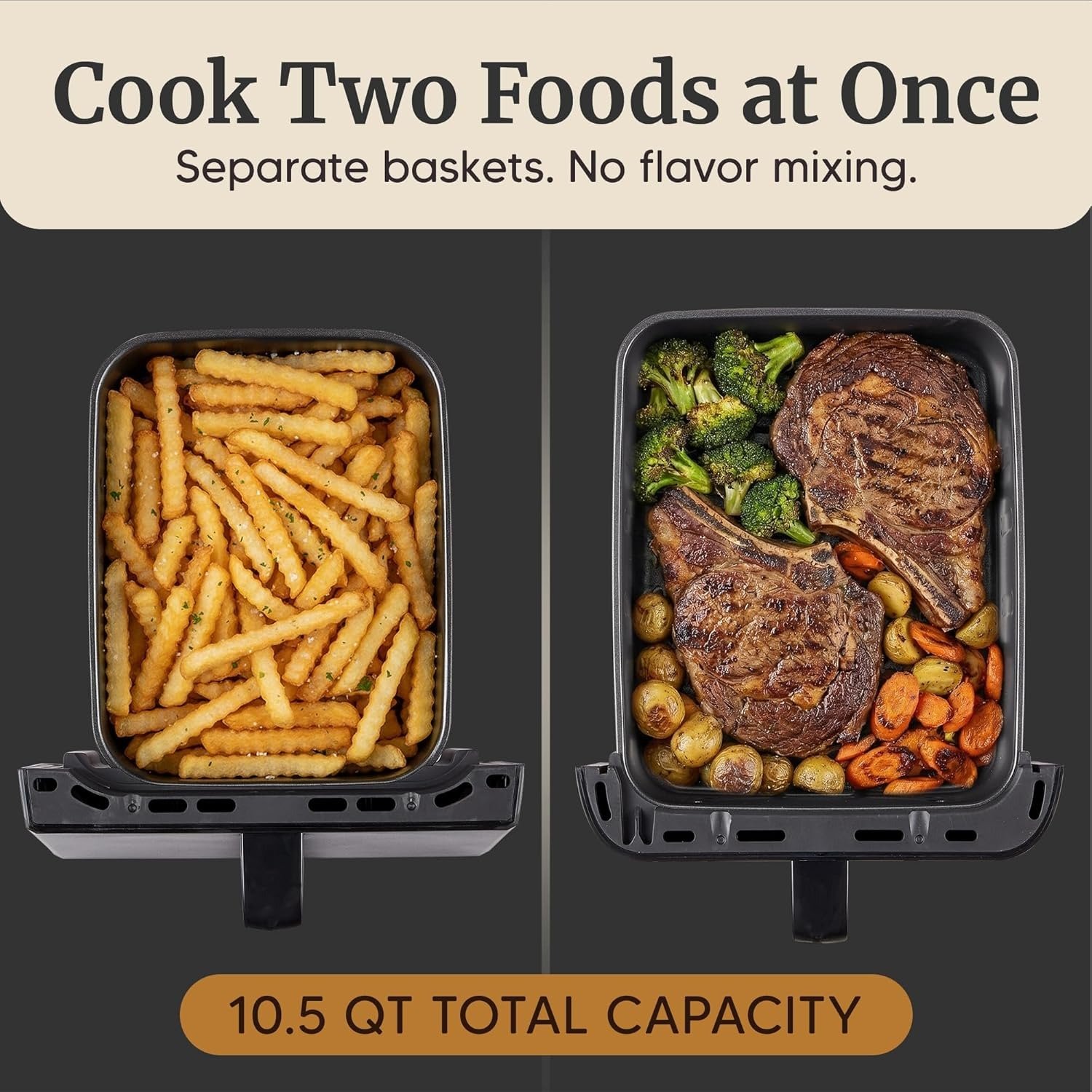 10.5QT Dual Stacked Air Fryer, Sync Cook & Finish, 10 Presets, PFAS-Free Nonstick Baskets, 1700W, Rapid Air Circulation, Black