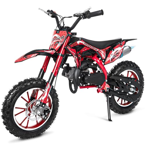 49cc Kids Dirt Bike, 2 Stroke Gas Power Beginner Motocross Dirt Bike with Durable Off-Road Tires, Front & Rear Disc Brakes, Soft Seat Cushion, Shock Absorption Springs for Youth Riders