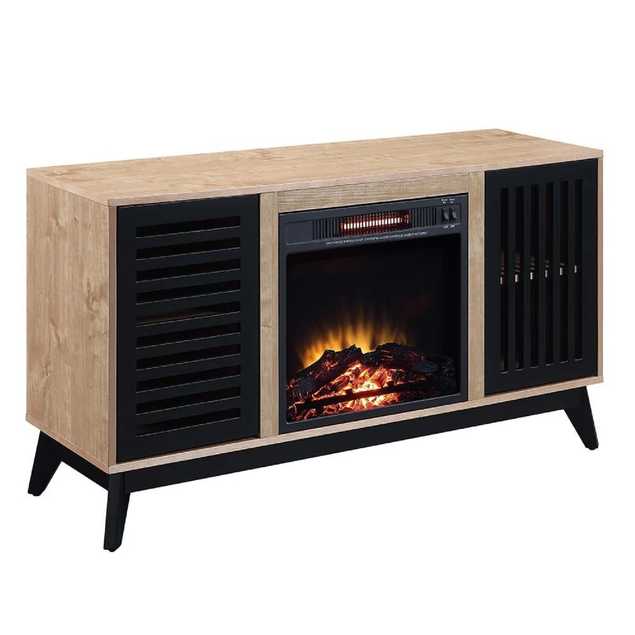 Nael 47 Inch Wood Console Table, LED Electric Fireplace, Oak Brown, Black- Saltoro Sherpi