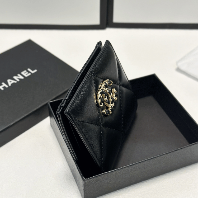 Chanel 19 Tri-Fold Wallet Black Gold/Chain Hardware 4.3 Inches