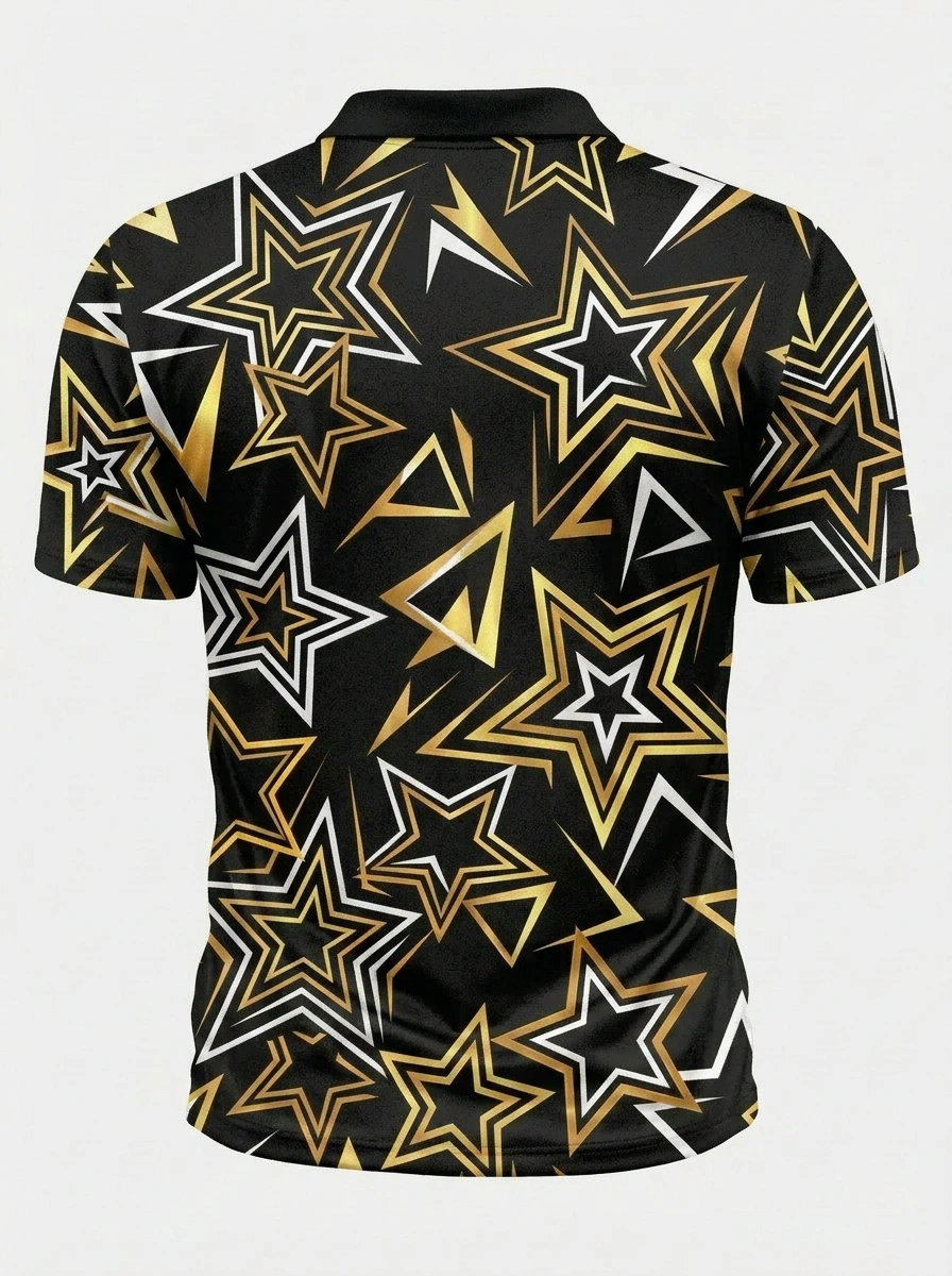 Moisture Wicking Golf Polo 3D Black Gold White Star Button Short Sleeve Golf Polo Shirt