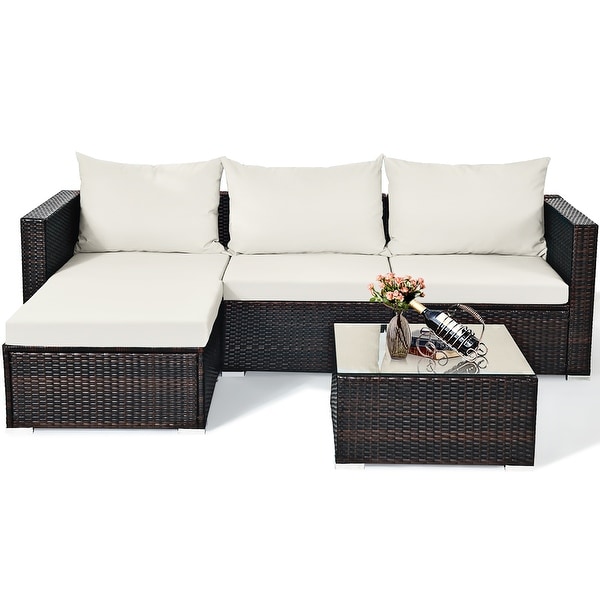5PCS Patio Rattan Furniture Set Sectional Conversation Sofa w/ Coffee