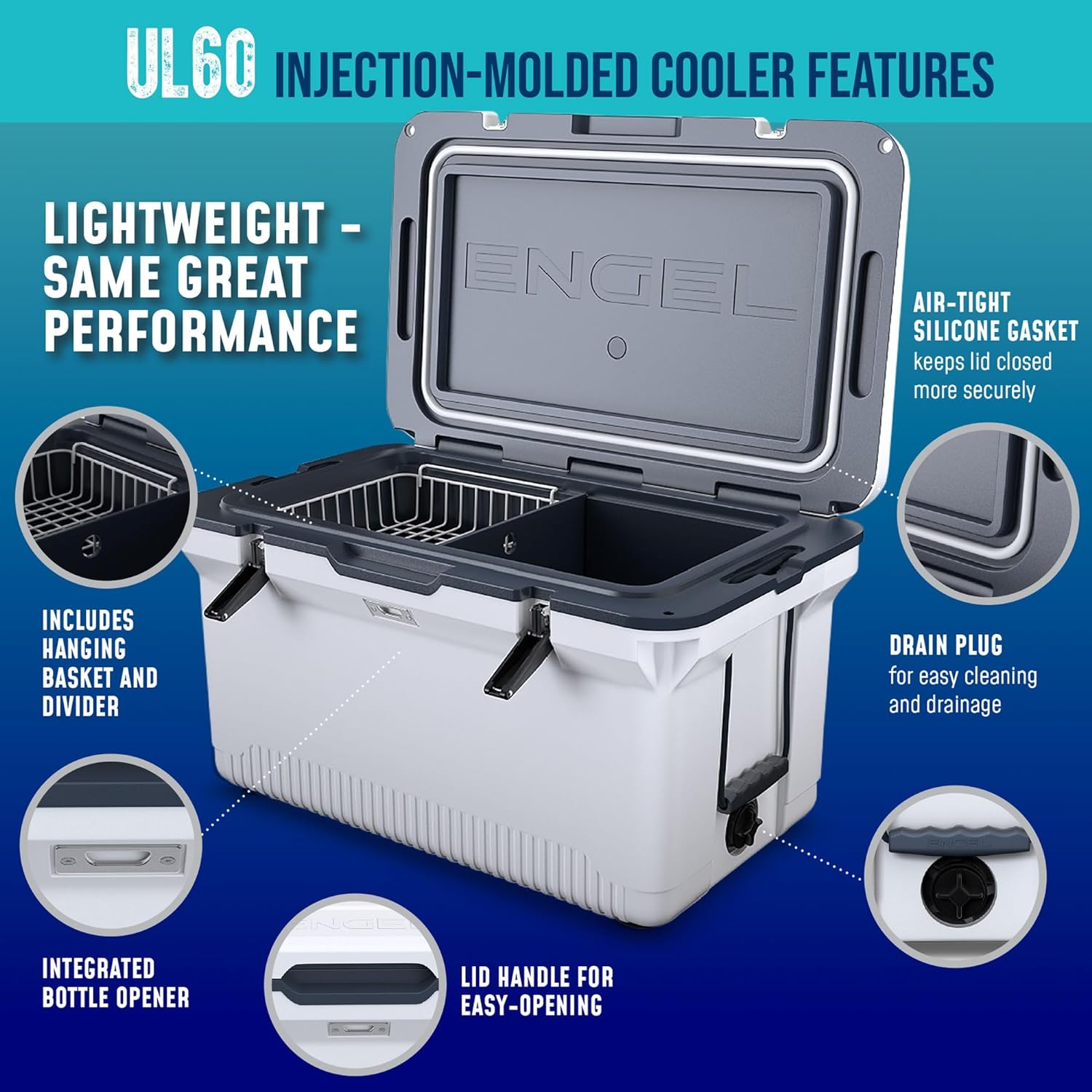 60 QT Ultra-Light Injection Molded Cooler - Ice Chest Keeps Ice up to 7 Days - Large Cooler Includes Wire Basket, Divider and Built-in Bottle Opener