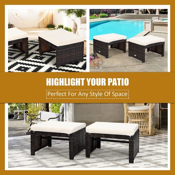 Costway 2PCS Patio Rattan Ottoman Cushioned Seat Foot Rest Furniture