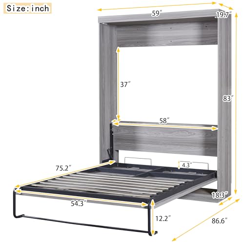 Full Size Murphy Bed Chest,Hidden Cabinet Wall Bed with Shelves & USB Ports,Foldable Wood Platform Bed Frame,Easy Assembly,Space Saving,for Guest Room,Home,Office,Gray