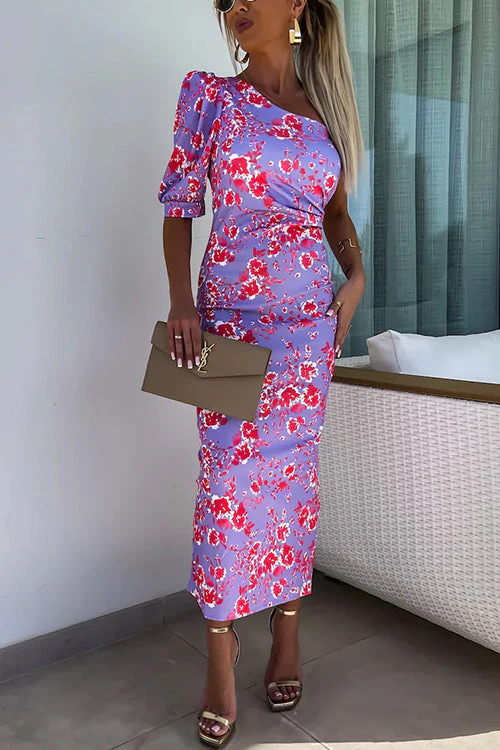One Shoulder Ruched Floral Maxi DressClistos