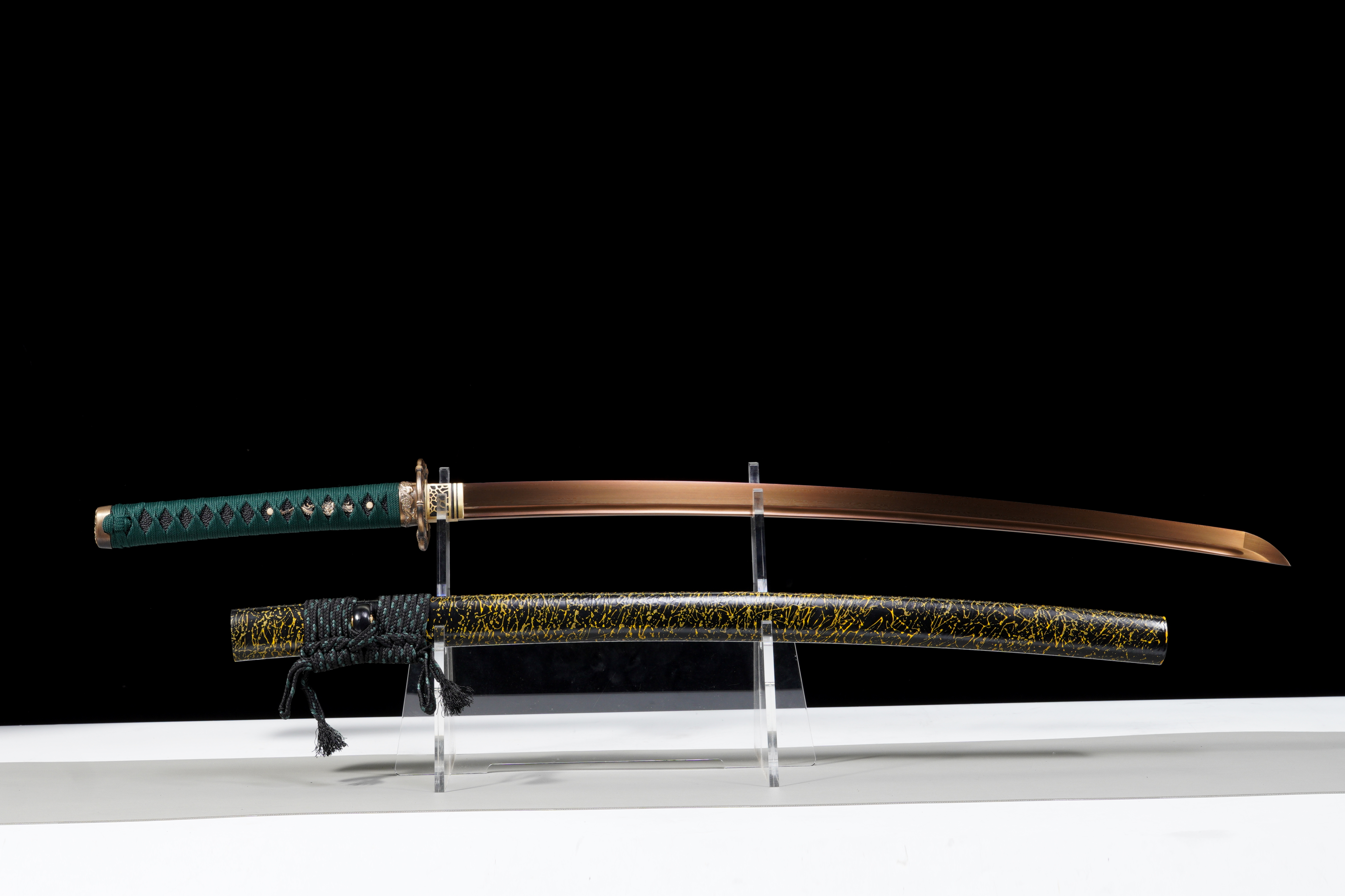 Handmade Katana Damascus Gold Blade Copper Tsuba Jade Shadow Full Tang