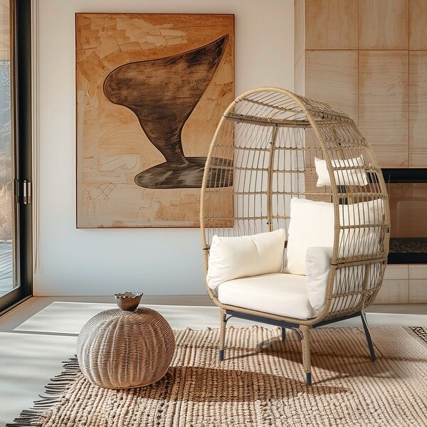 Patio Wicker Egg Chair with Beige Cushion