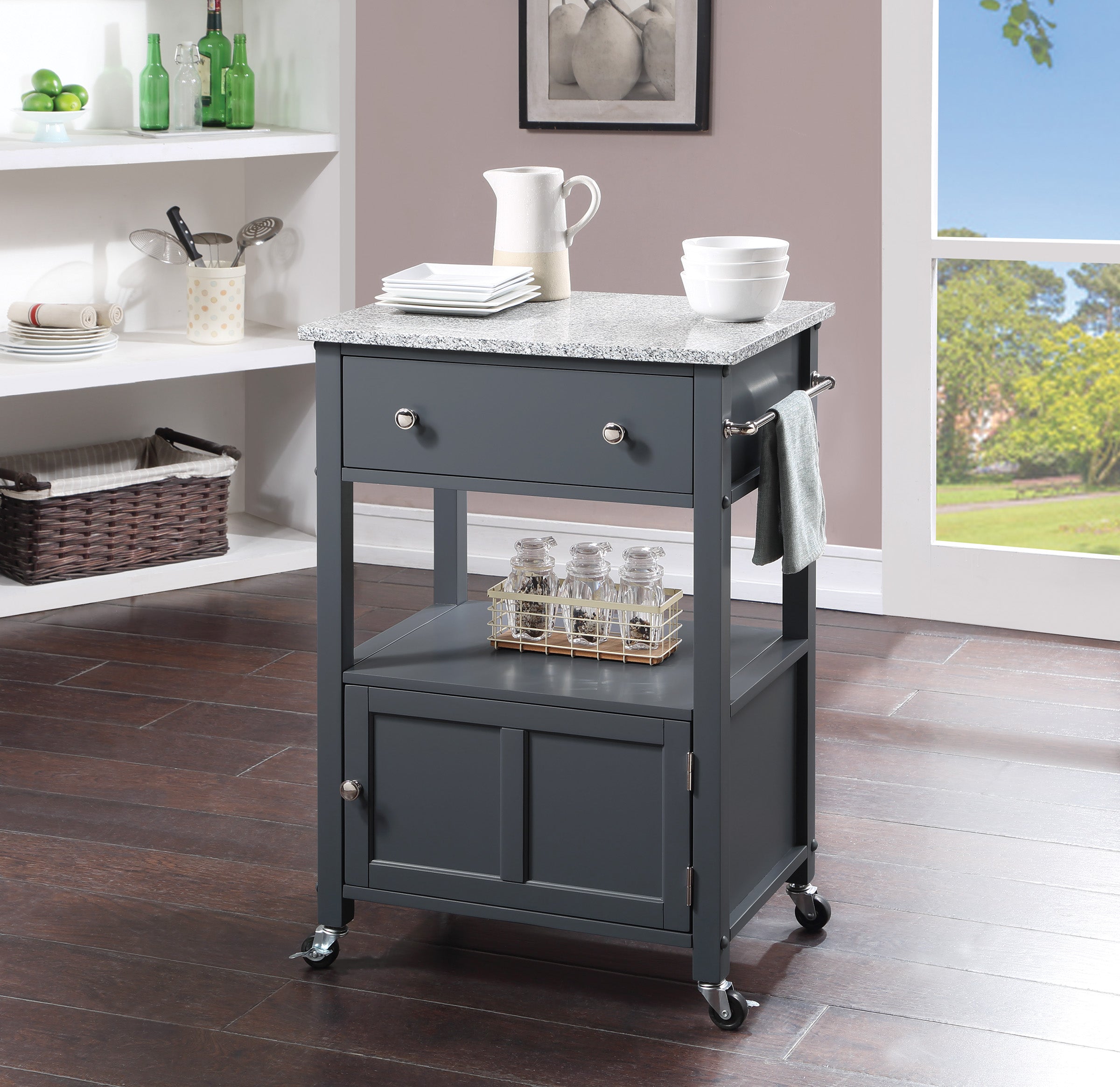 OS Home and Office Furniture Fairfax Model FRXG-2 Gray Kitchen Cart with Doors, Towel Rack, and Drawer