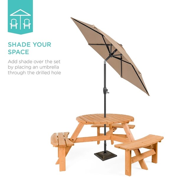 6Person Circular Wooden Picnic Table w/ Umbrella Hole,3 Benches