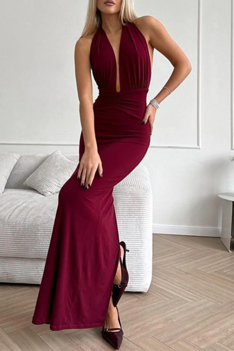 Backless Ruched Halter Maxi DressClistos