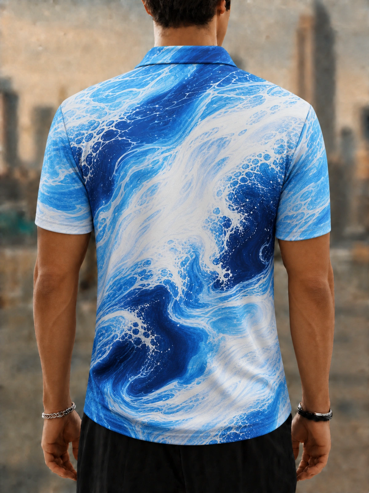 Moisture Wicking Golf Polo 3D Blue White Ocean Marble Wave Abstract Button Short Sleeve Golf Polo Shirt
