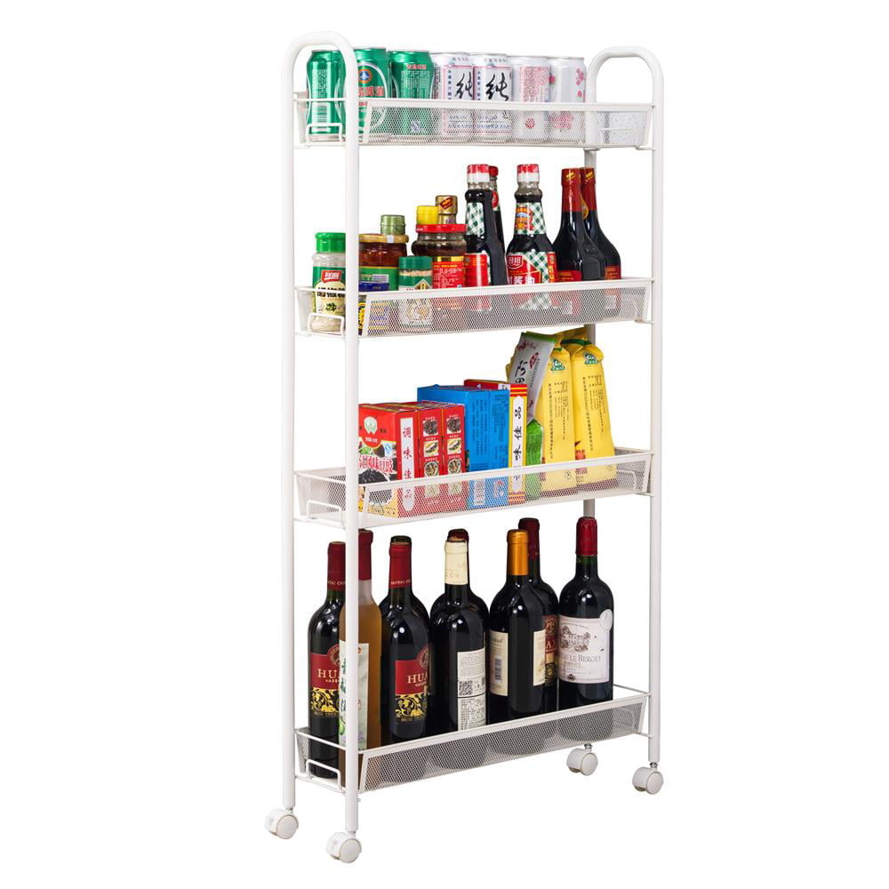 Zimtown 4-Tier Slim Rolling Cart, Kitchen Storage Organizer Mesh Wire Storage Carts with Lockable Wheels, White