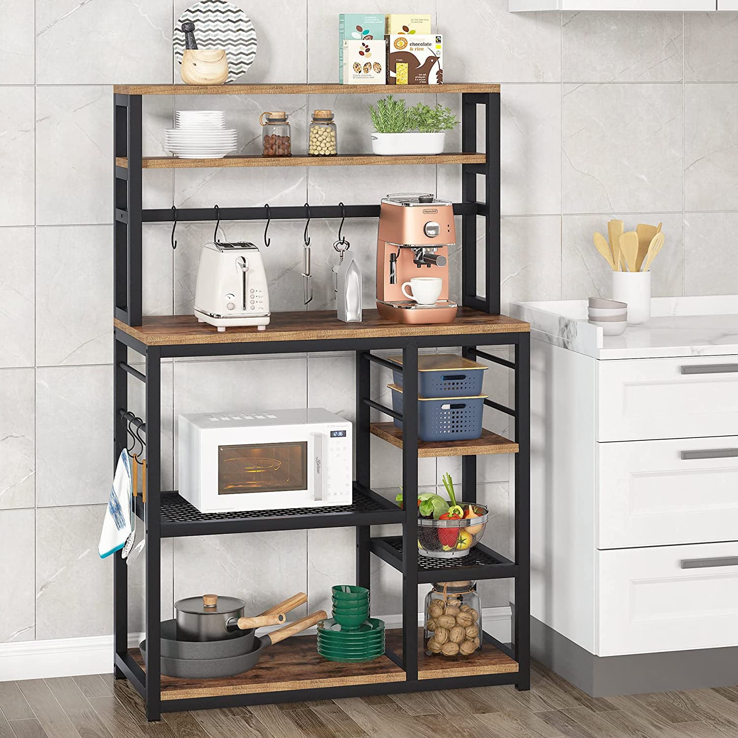 Tribesigns 55 inch Tall Kitchen Baker Rack, Industrial Microwave Cart Coffee Bar Brown
