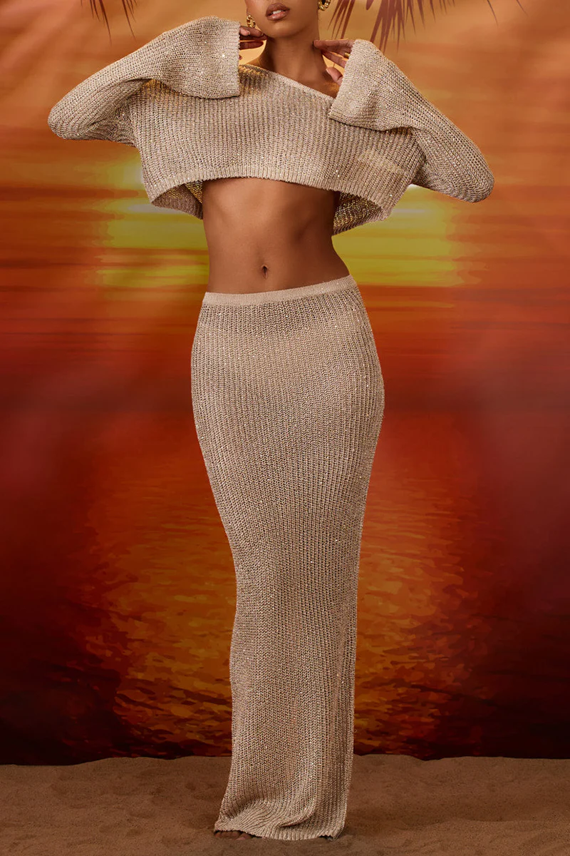 Flare Sleeve Crop Top Knit Slim Fit Maxi Skirt Matching Set - BrownClistos