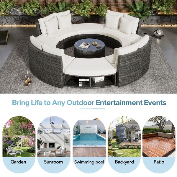 Circular Sectional Spacious Rattan Wicker Patio Furniture Set with Tempered Glass Coffee Table and 6 Pillows