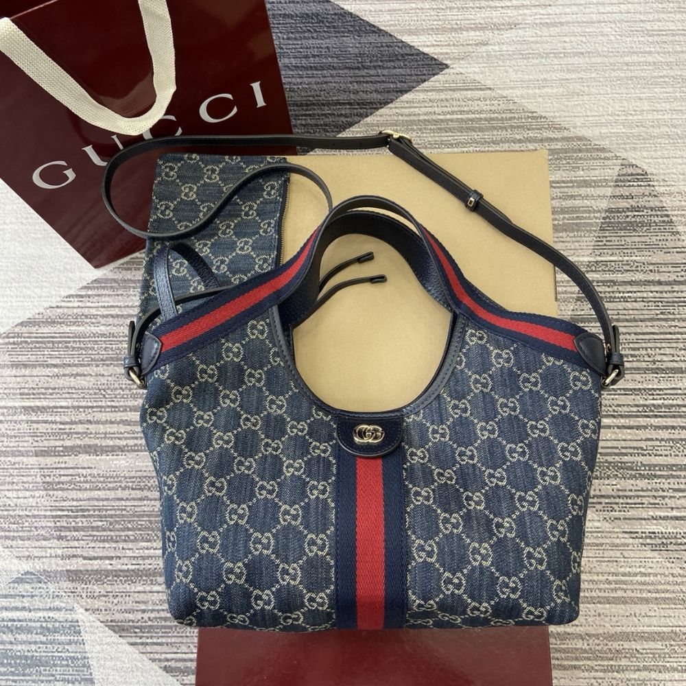 [Premium Quality] – Gucci Giglio Small Tote Bag Blue And White Gg Denim 9.8 Inches 860845 Fafrw 8864