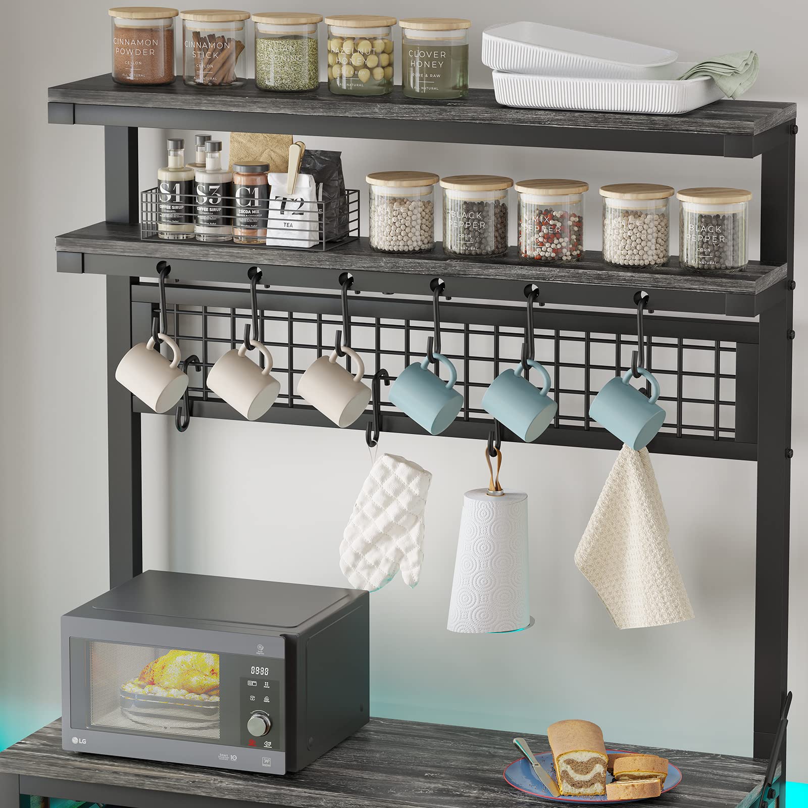Bakers Rack with Power Outlet and LED Lights, 6-Tier Bakers Racks for Kitchens with Storage,Coffee Bar,Microwave Stand with Wine Rack and10 Hooks,Grey