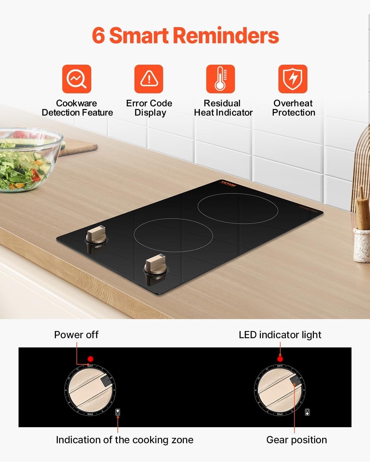 1800W Electric Countertop Burner, 2 Burner Knob Control Stove, Built-in Induction Cooktop with 12 Temperature Settings, Glass Surface, Auto Shut-Off