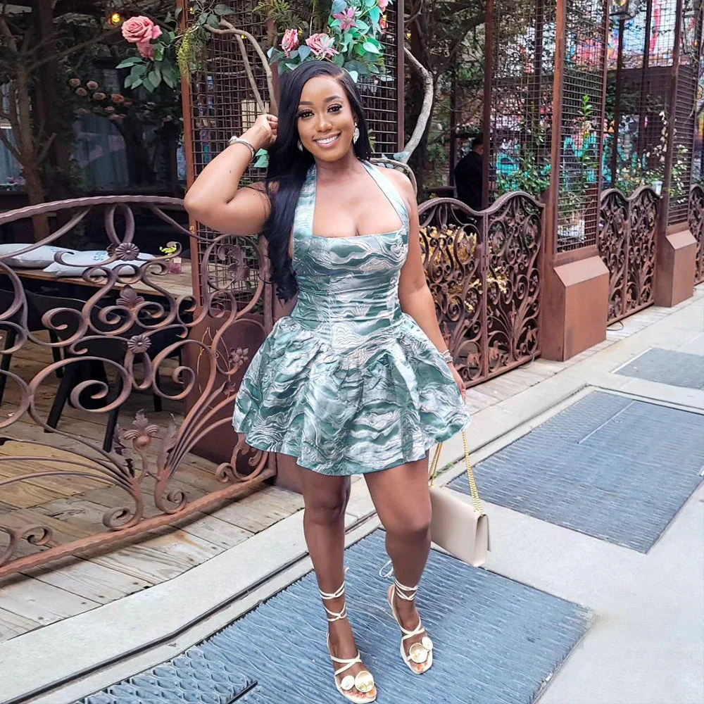 Halter Neck Jacquard Party DressClistos