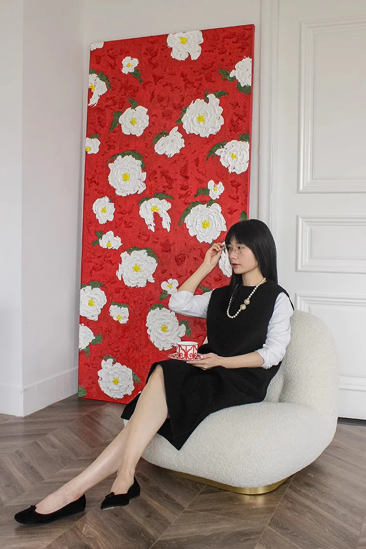 AH066-1 - Coco Camellia Thick Color Hand-Painted Art Screen Wall-Mounted Extra-Large Decorative Painting Living Room Oil Painting Horizontal Sofa