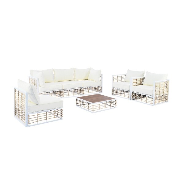 7Piece Metal Patio Sectional Sofa Set with Coffee Table,AllWeather Garden Conversational Set with Thick Cushions,White