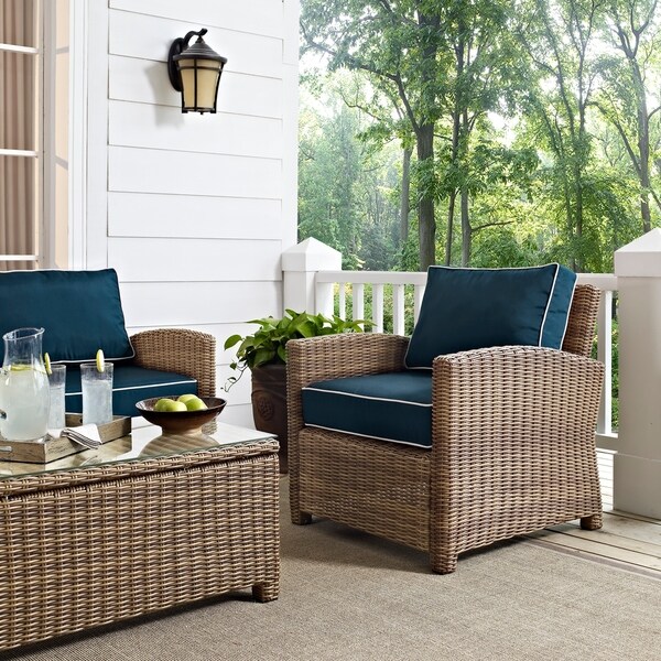 Crosley Bradenton Outdoor Wicker Arm Chair with Navy Cushions