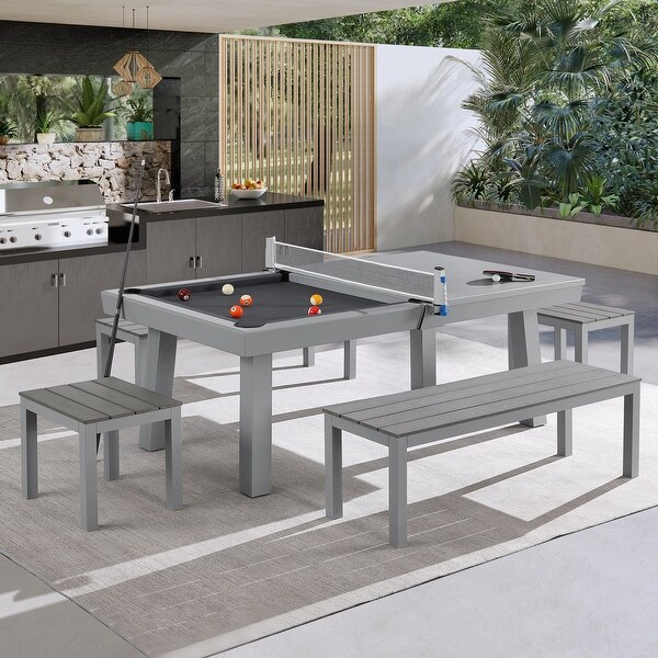 Newport Outdoor Patio 7ft Slate Pool Table 6Seater Dining Set with 4 Benches and Accessories,Cement Finish