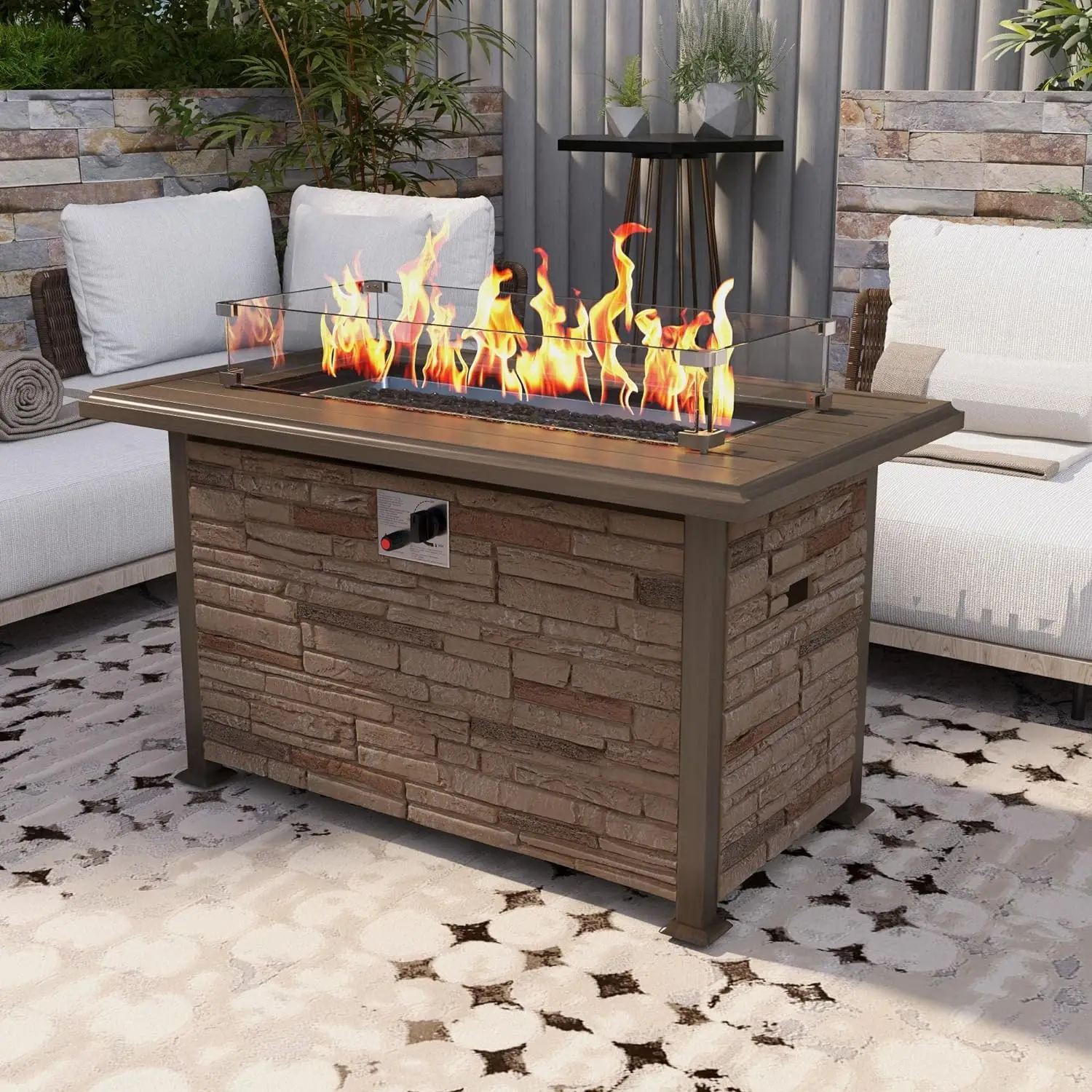 44 Inch Aluminum Propane Fire Pit Table w/Faux Ledgestone, Hand-Painted Table Top, 50,000BTU Fire Table w/CSA Certification,Wind