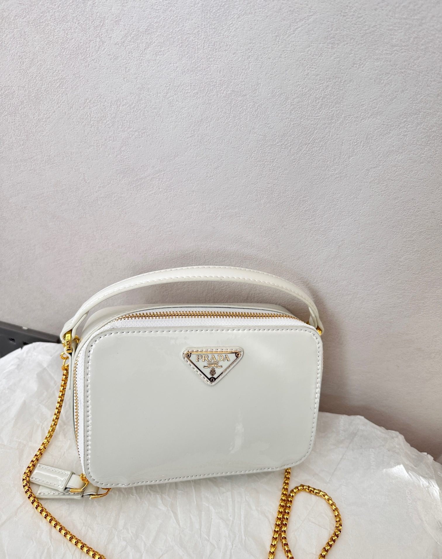 Prada Patent Leather Mini Pouch White 18Cm