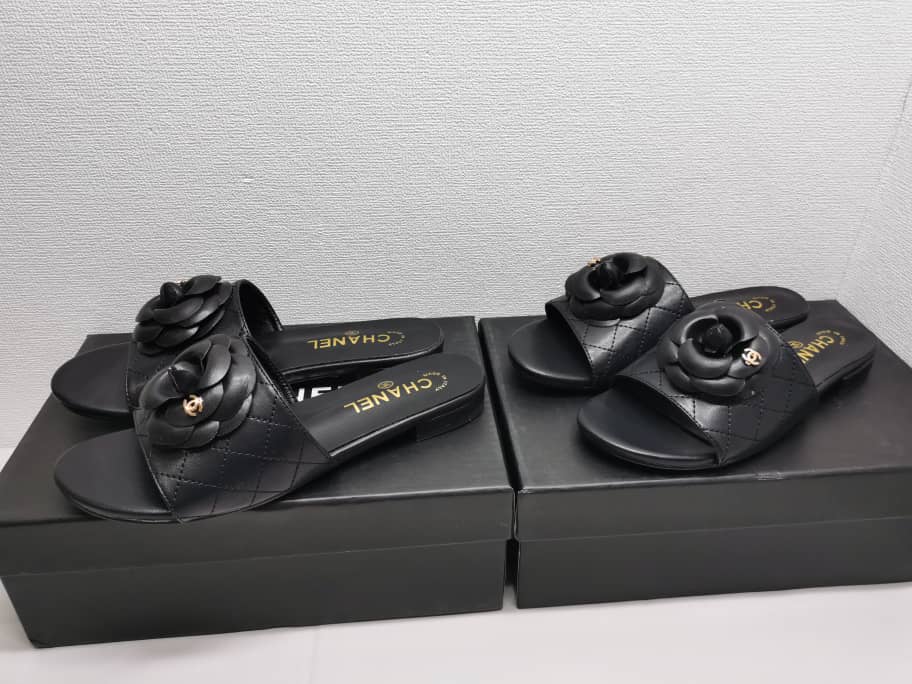 Chanel Camellia Leather Slides Black