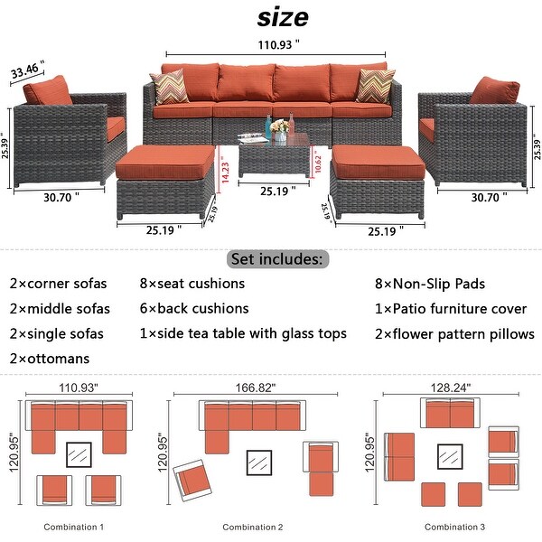 OVIOS Patio Furniture Deep Seat Wicker 9piece Set
