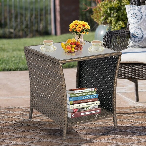 Patio Wicker Table,Outdoor Rattan Side Table,Coffee Table w/ Storage Tempered Glass Top Bistro Table,Brown