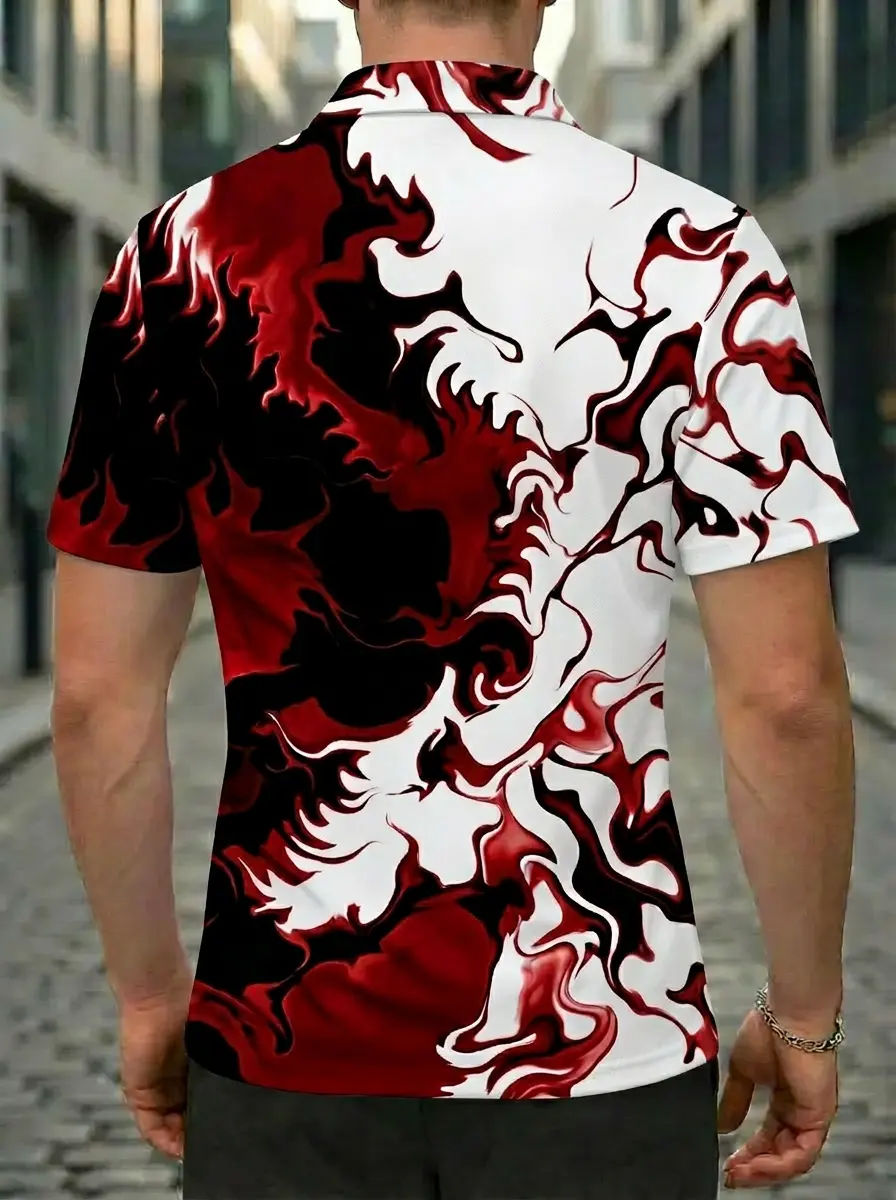 Moisture Wicking Golf Polo 3D Red Black White Marble Swirl Button Short Sleeve Golf Polo Shirt