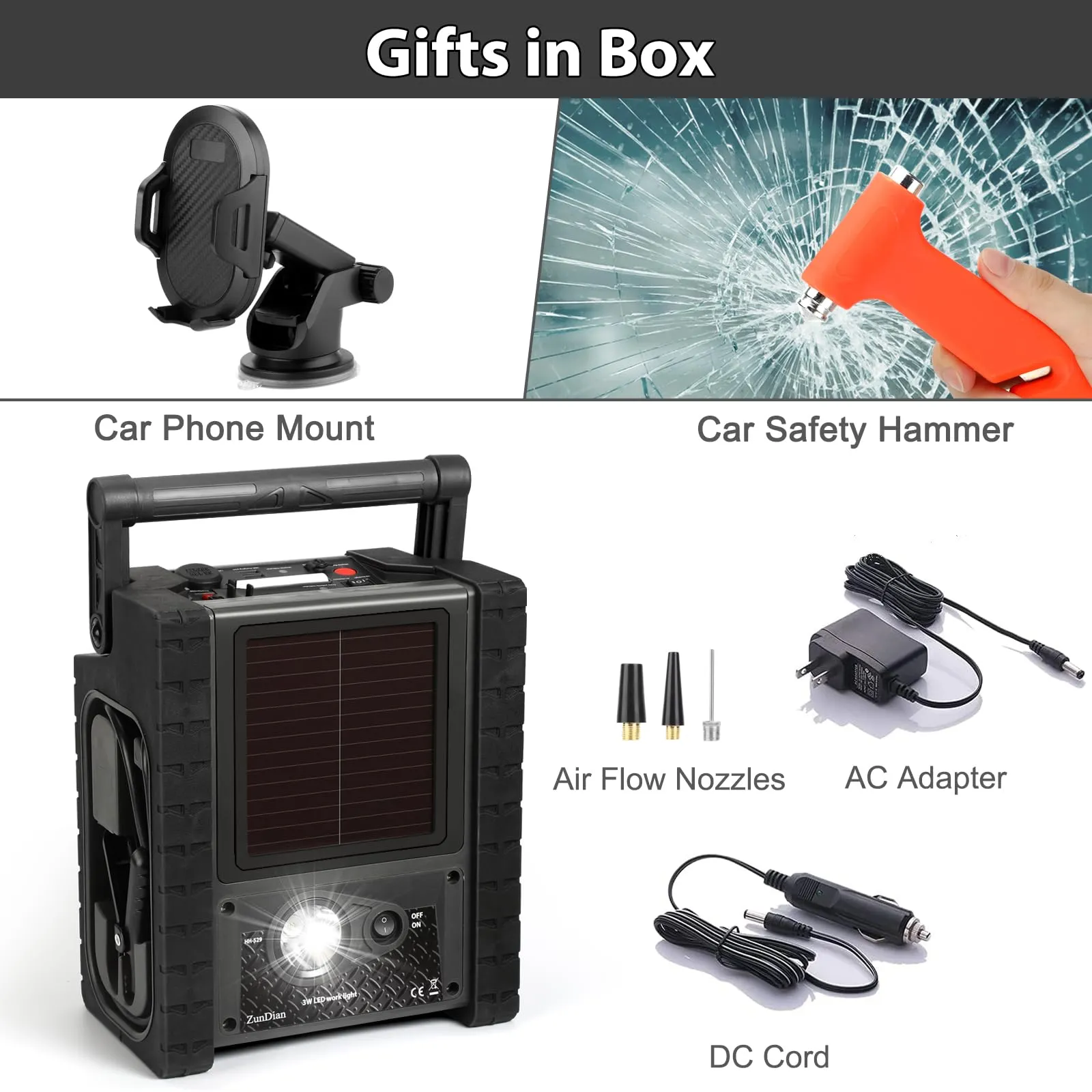 2026 ZD-529 Solar Portable Power Station 2000 Amps Jump Starter, 260 PSI Air Compressor, 12V Car Battery Charger with 400W Inverter Dual AC/DC/USB Output, Emergency Backup Power with Flashlights