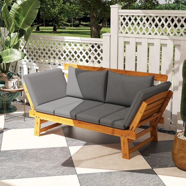 Outsunny Wooden Garden Bench for Outdoor with Cushions,Adjustable Armrests Front Porch Bench,Multifunctional Patio Loveseat
