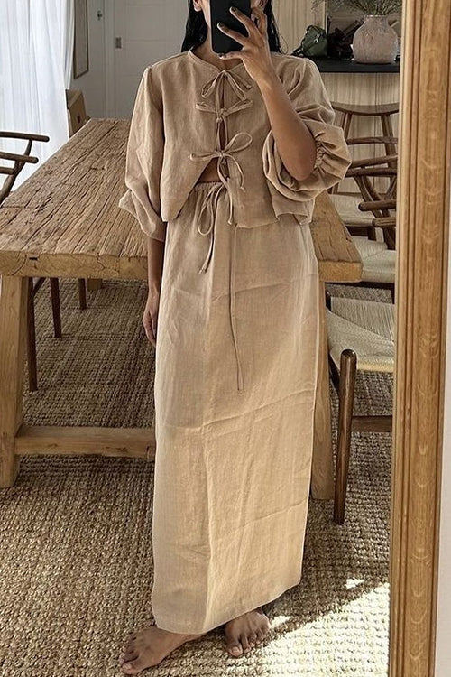 Puff Sleeve Lace-Up Maxi Skirt SetClistos