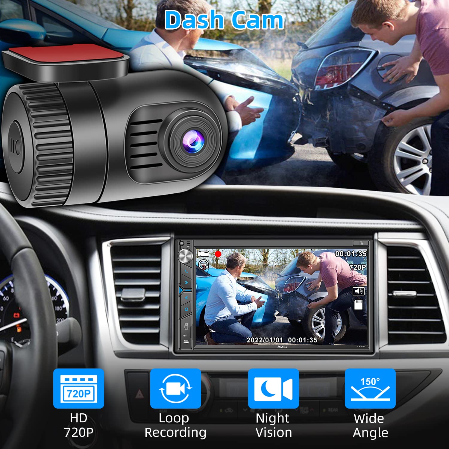 Double Din Car Stereo with Dash Cam - Voice Control Carplay, Android Auto, Steering Wheel Controls, 7