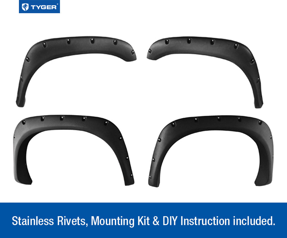 Tyger Auto TG-FF8D4078 Compatible with 2002-2008 Dodge Ram 1500; 2003-2009 Ram 2500 3500 (Fleetside Models ONLY) | Fine-Textured Matte Black Pocket Bolt-Riveted Style Fender Flare Set, 4 Piece