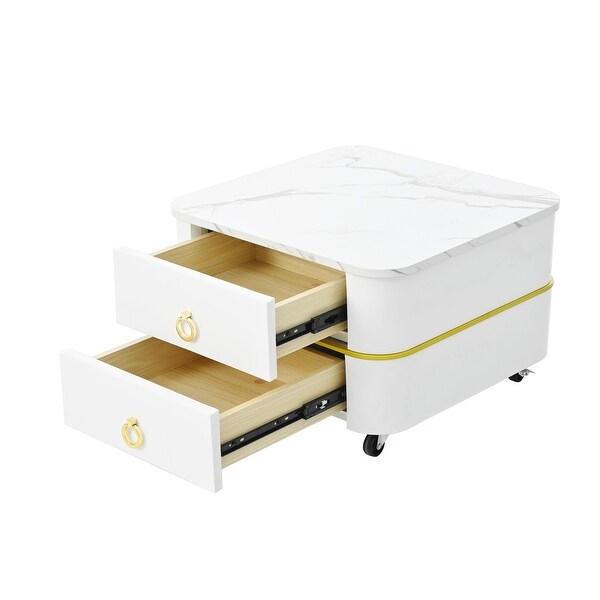 Mieres Stackable Coffee Table,Nesting Tables with Brown Tempered Glass,Wheels and Drawers and High Gloss Marble Grain Top