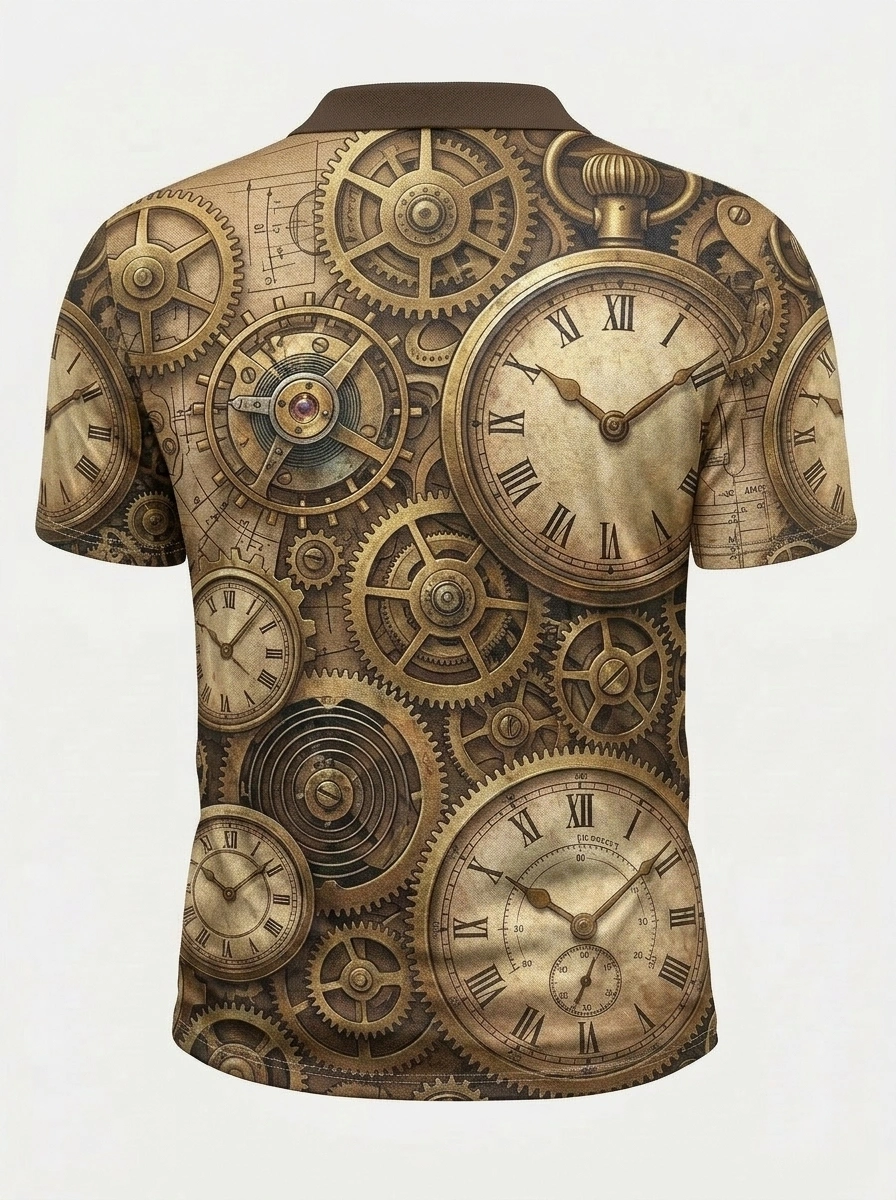 Moisture Wicking Golf Polo 3D Steampunk Gear Clock Button Short Sleeve Golf Polo Shirt