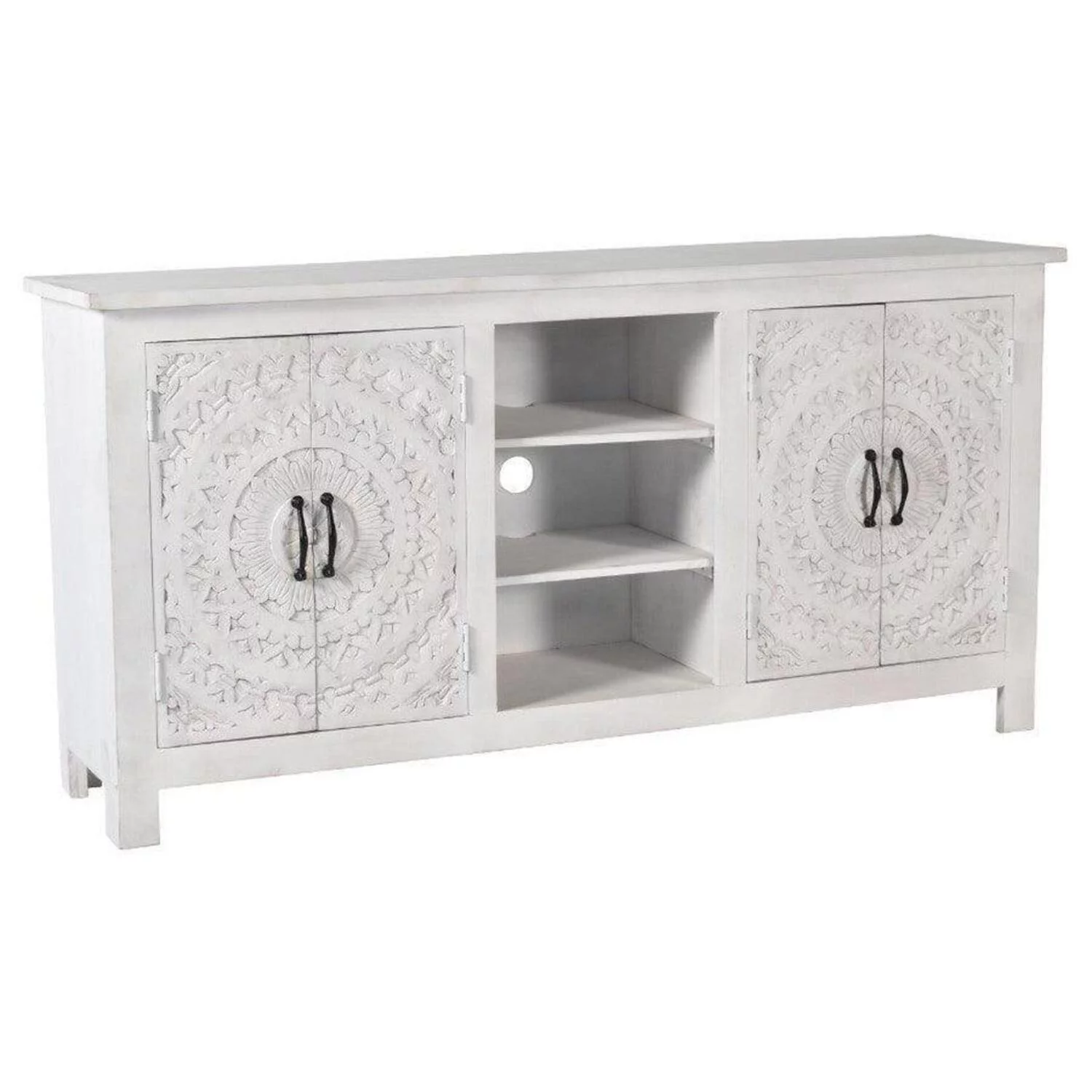 64 Whitewash Farmhouse Boho Chic Hand Carved Cabinet