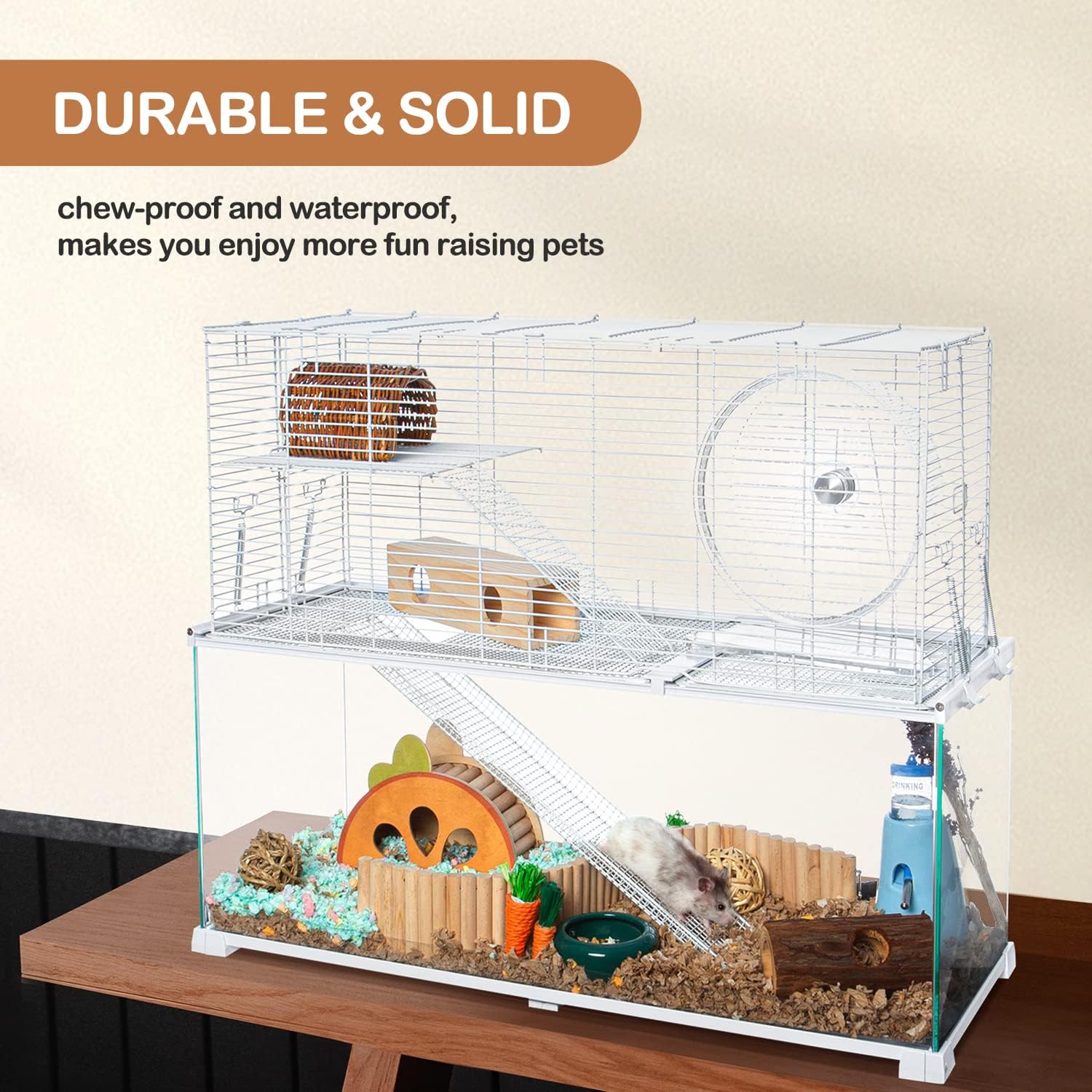 3 Tiers Large Hamster Cages, Glass Hamster Cage Habitat with Openable Wire Topper, Gerbil Cage with Two Ladders Ramps and Removeable Waterproof PVC Tray, Easy to Clean