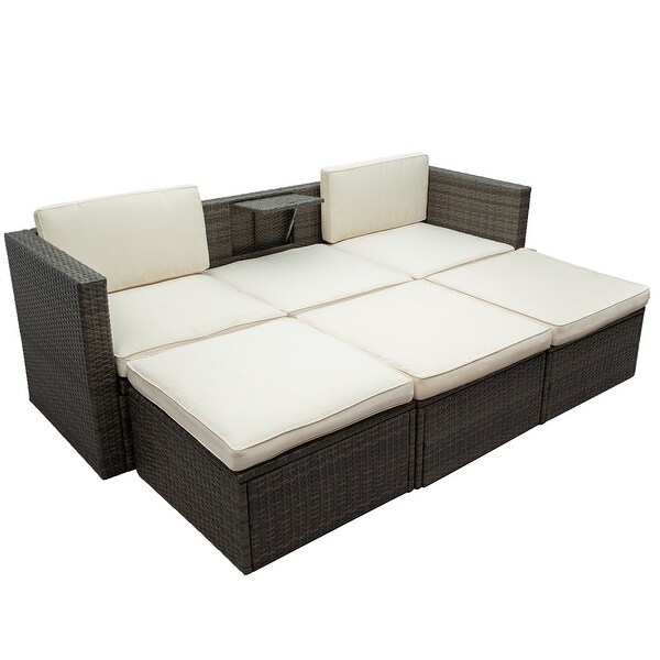 5Piece Patio Wicker Sofa with Adustable Backrest,Cushions,Ottomans and Lift Top Coffee Table