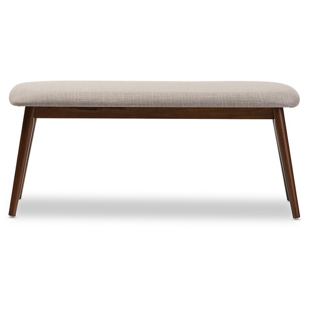 Flora Mid century Modern Light Gray Fabric amp Oak Medium Brown Finishing Wood Dining Bench Baxton Studio