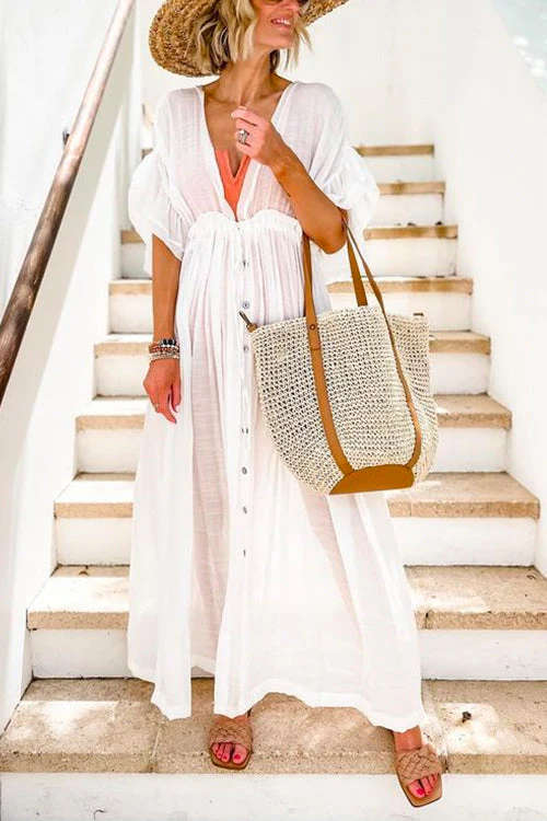 Drawstring Maxi Beach Dress - V-Neck Button Down Cover UpClistos