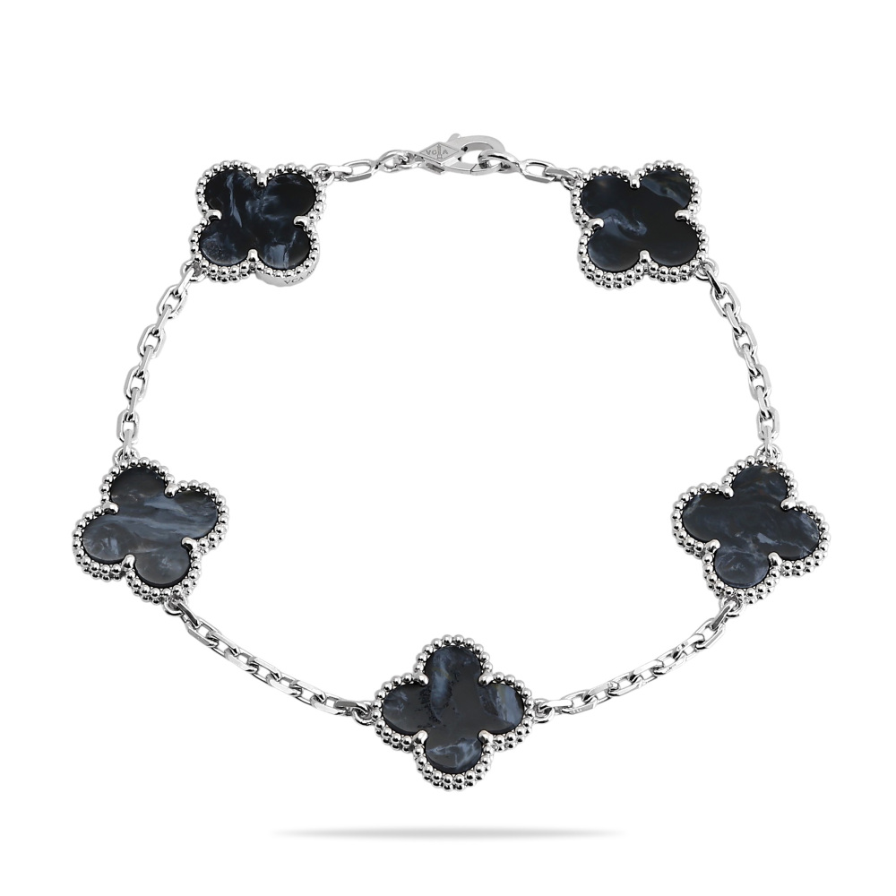 Van Cleef & Arpels Vintage Alhambra Pietersite 5 Motifs Bracelet 18K White Gold VCARP7S400